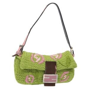 FENDI Mamma Baguette Shoulder Bag Wool Green Silver